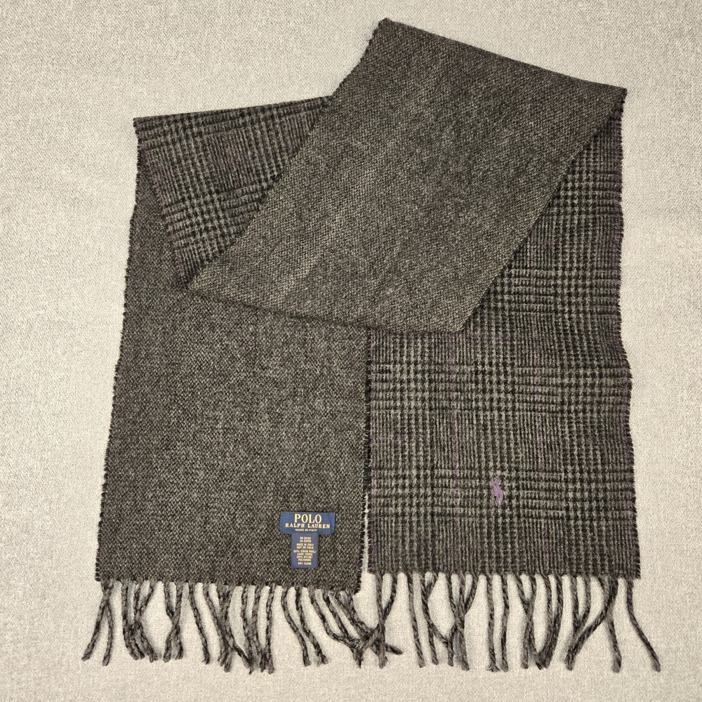 Polo Ralph Lauren Gray Plaid Wool Scarf Fringe Purple Pony Made in Italy Winter